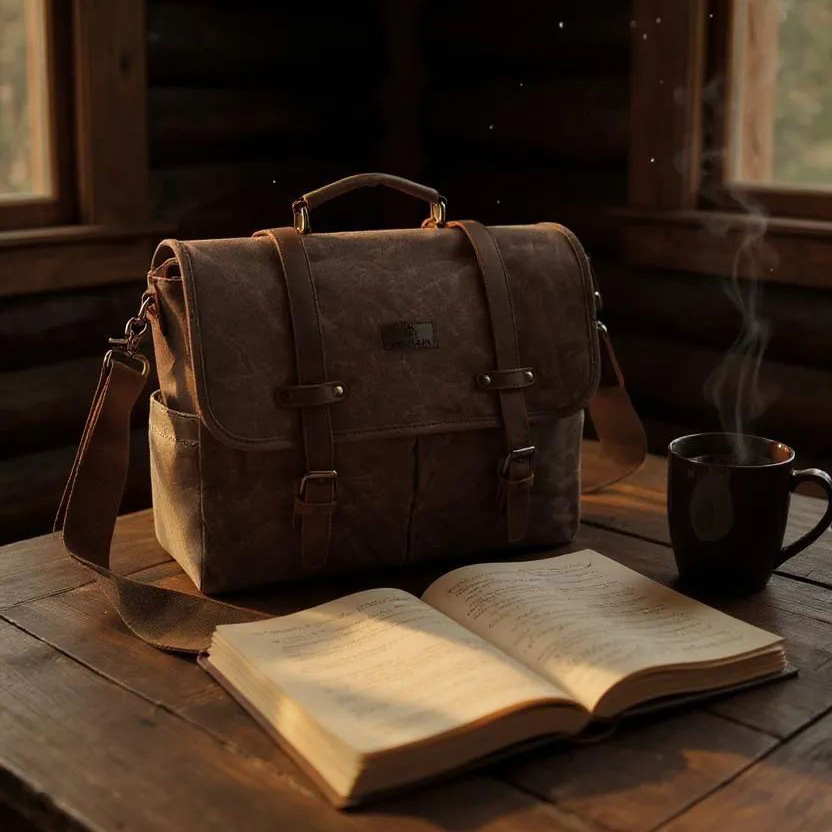 hnedá pánska taška na notebook z plátna a kože